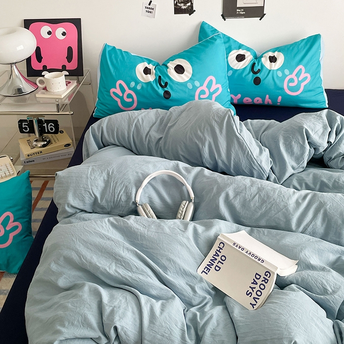 91家纺网 家纺一手货源 找家纺 优卡迪家纺馆 2025新款A类亲肤水洗棉大眼萌纯色混搭四件套 大眼萌-藏青蓝