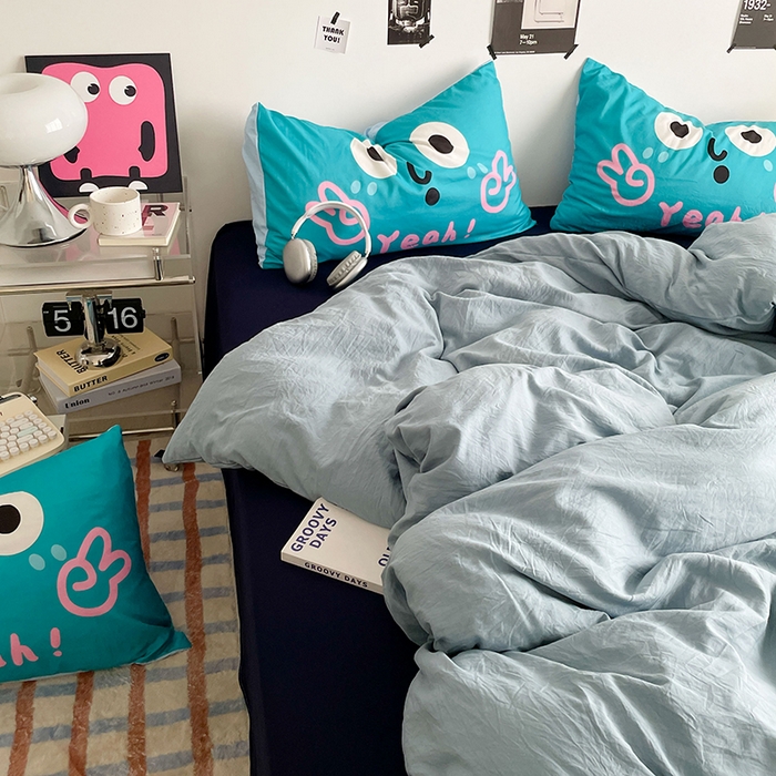 91家纺网 家纺一手货源 找家纺 优卡迪家纺馆 2025新款A类亲肤水洗棉大眼萌纯色混搭四件套 大眼萌-藏青蓝