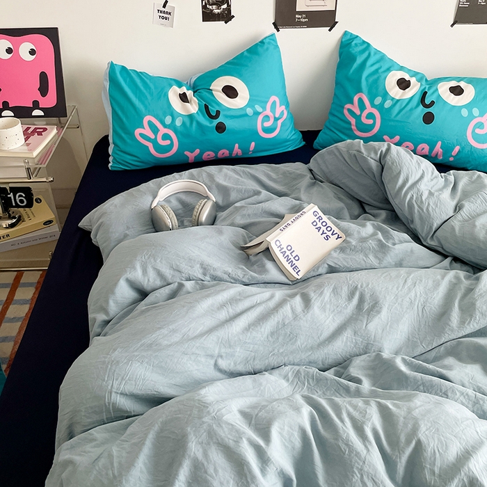 91家纺网 家纺一手货源 找家纺 优卡迪家纺馆 2025新款A类亲肤水洗棉大眼萌纯色混搭四件套 大眼萌-藏青蓝