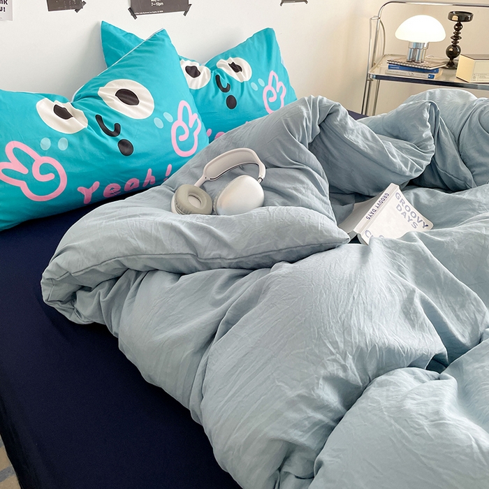 91家纺网 家纺一手货源 找家纺 优卡迪家纺馆 2025新款A类亲肤水洗棉大眼萌纯色混搭四件套 大眼萌-藏青蓝