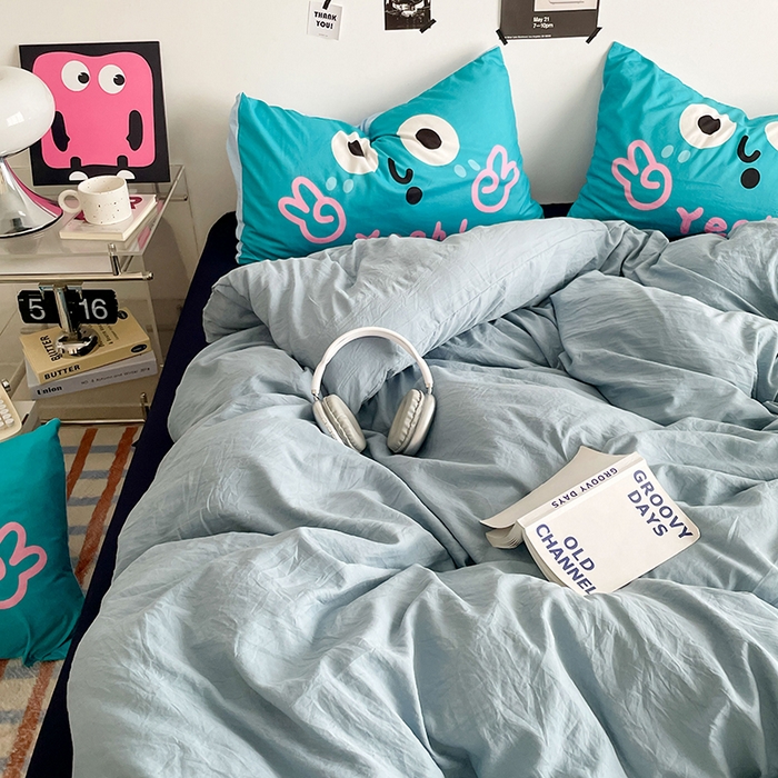 91家纺网 家纺一手货源 找家纺 优卡迪家纺馆 2025新款A类亲肤水洗棉大眼萌纯色混搭四件套 大眼萌-藏青蓝