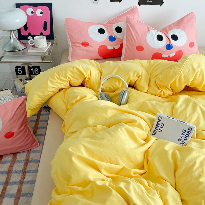 91家纺网 家纺一手货源 找家纺 优卡迪家纺馆 2025新款A类亲肤水洗棉大眼萌纯色混搭四件套 大眼萌-鹅黄杏