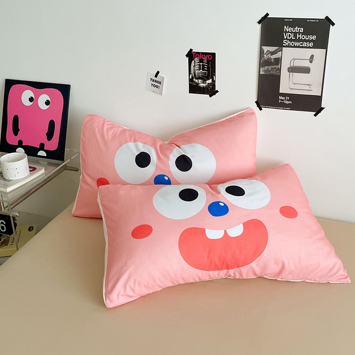 91家纺网 家纺一手货源 找家纺 优卡迪家纺馆 2025新款A类亲肤水洗棉大眼萌纯色混搭四件套 大眼萌-鹅黄杏