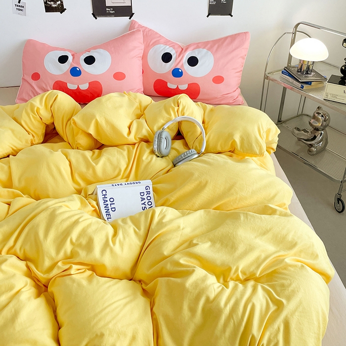 91家纺网 家纺一手货源 找家纺 优卡迪家纺馆 2025新款A类亲肤水洗棉大眼萌纯色混搭四件套 大眼萌-鹅黄杏