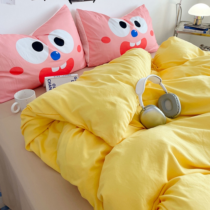 91家纺网 家纺一手货源 找家纺 优卡迪家纺馆 2025新款A类亲肤水洗棉大眼萌纯色混搭四件套 大眼萌-鹅黄杏