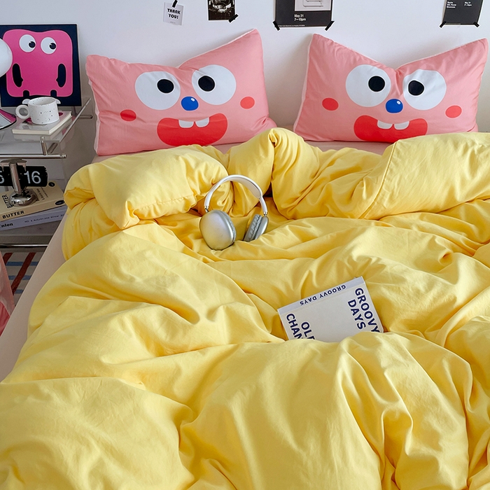 91家纺网 家纺一手货源 找家纺 优卡迪家纺馆 2025新款A类亲肤水洗棉大眼萌纯色混搭四件套 大眼萌-鹅黄杏