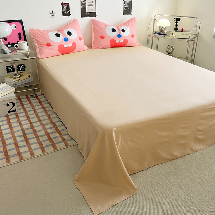 91家纺网 家纺一手货源 找家纺 优卡迪家纺馆 2025新款A类亲肤水洗棉大眼萌纯色混搭四件套 大眼萌-鹅黄杏