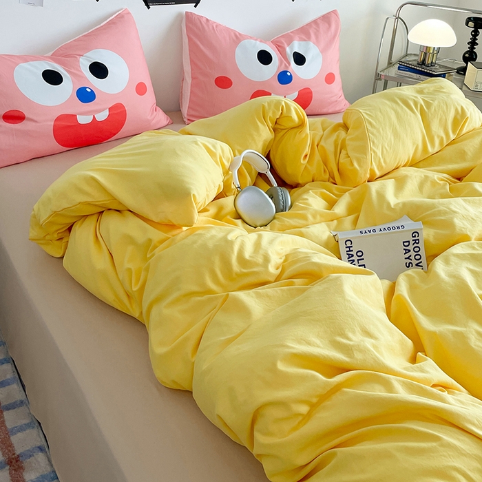 91家纺网 家纺一手货源 找家纺 优卡迪家纺馆 2025新款A类亲肤水洗棉大眼萌纯色混搭四件套 大眼萌-鹅黄杏