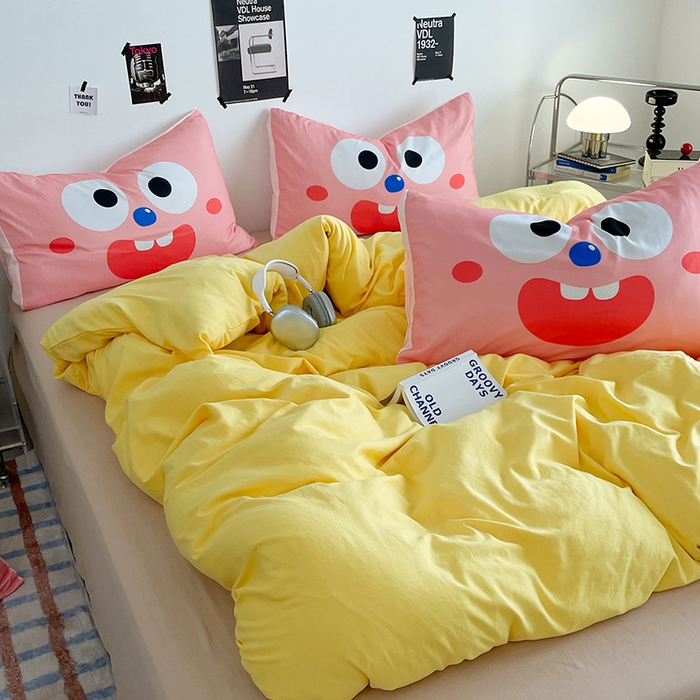 91家纺网 家纺一手货源 找家纺 优卡迪家纺馆 2025新款A类亲肤水洗棉大眼萌纯色混搭四件套 大眼萌-鹅黄杏