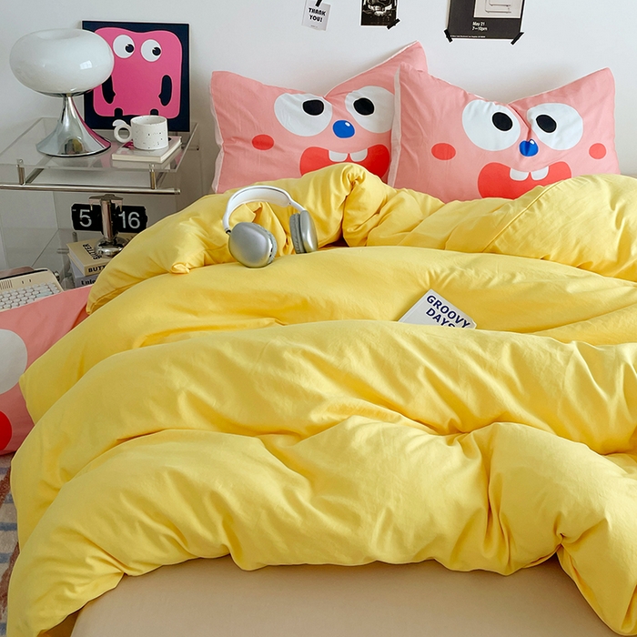 91家纺网 家纺一手货源 找家纺 优卡迪家纺馆 2025新款A类亲肤水洗棉大眼萌纯色混搭四件套 大眼萌-鹅黄杏