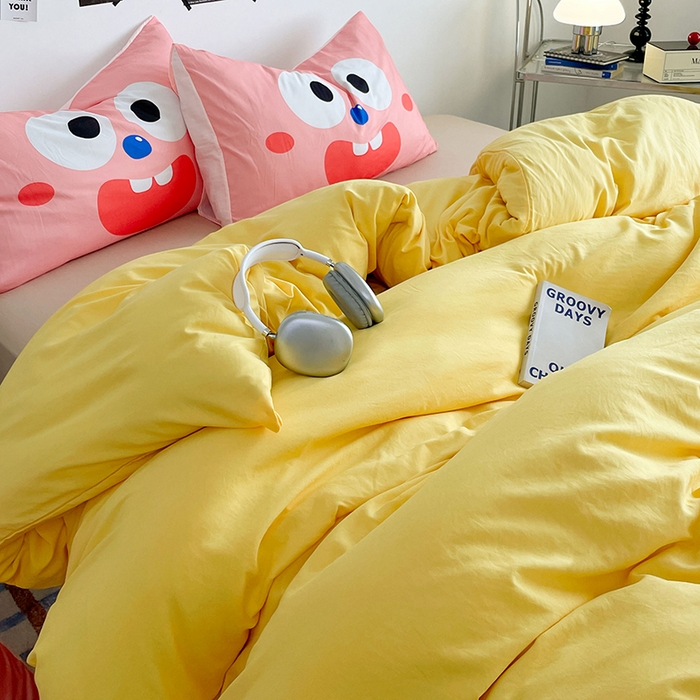 91家纺网 家纺一手货源 找家纺 优卡迪家纺馆 2025新款A类亲肤水洗棉大眼萌纯色混搭四件套 大眼萌-鹅黄杏