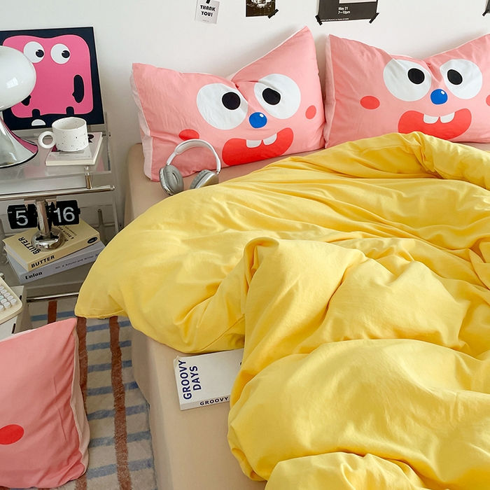 91家纺网 家纺一手货源 找家纺 优卡迪家纺馆 2025新款A类亲肤水洗棉大眼萌纯色混搭四件套 大眼萌-鹅黄杏