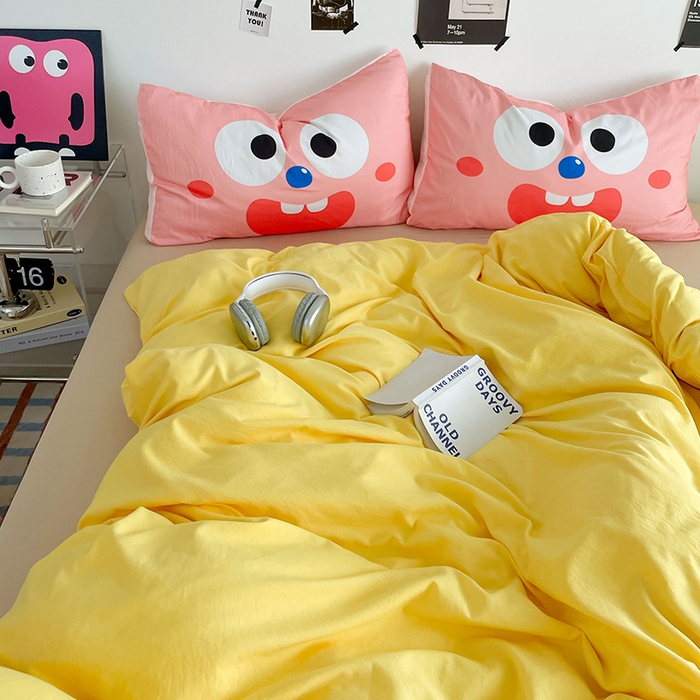 91家纺网 家纺一手货源 找家纺 优卡迪家纺馆 2025新款A类亲肤水洗棉大眼萌纯色混搭四件套 大眼萌-鹅黄杏