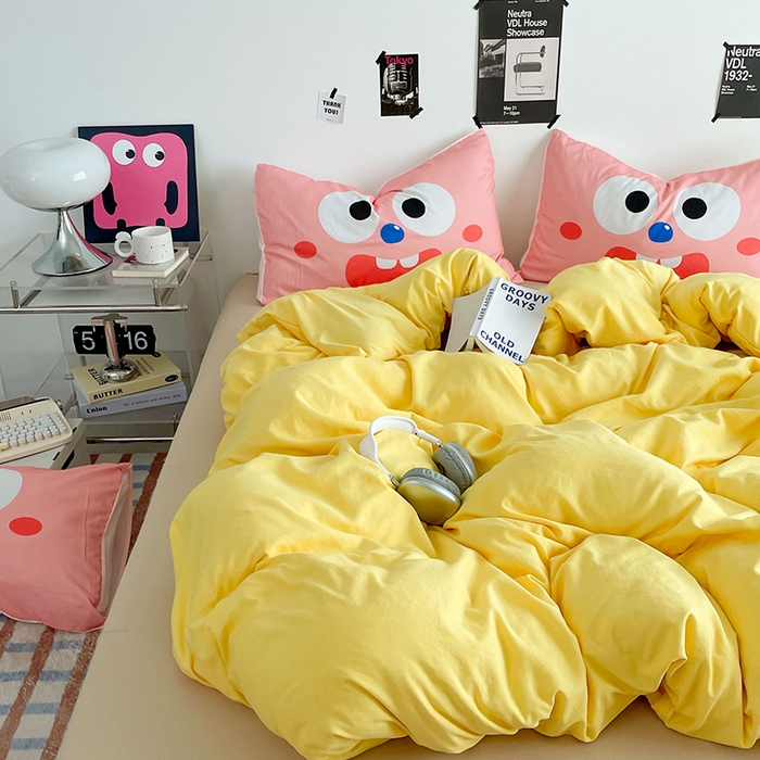 91家纺网 家纺一手货源 找家纺 优卡迪家纺馆 2025新款A类亲肤水洗棉大眼萌纯色混搭四件套 大眼萌-鹅黄杏