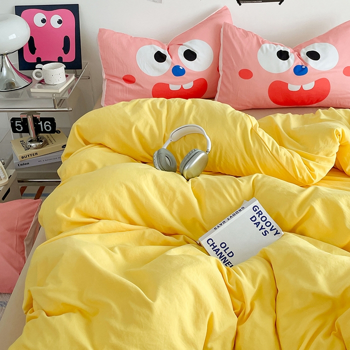 91家纺网 家纺一手货源 找家纺 优卡迪家纺馆 2025新款A类亲肤水洗棉大眼萌纯色混搭四件套 大眼萌-鹅黄杏