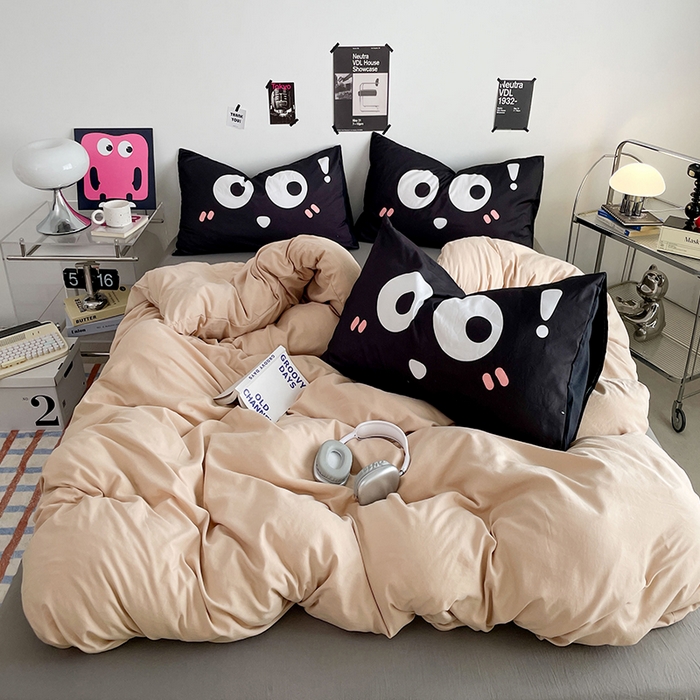 优卡迪家纺馆 2025新款A类亲肤水洗棉大眼萌纯色混搭四件套 大眼萌-卡其灰