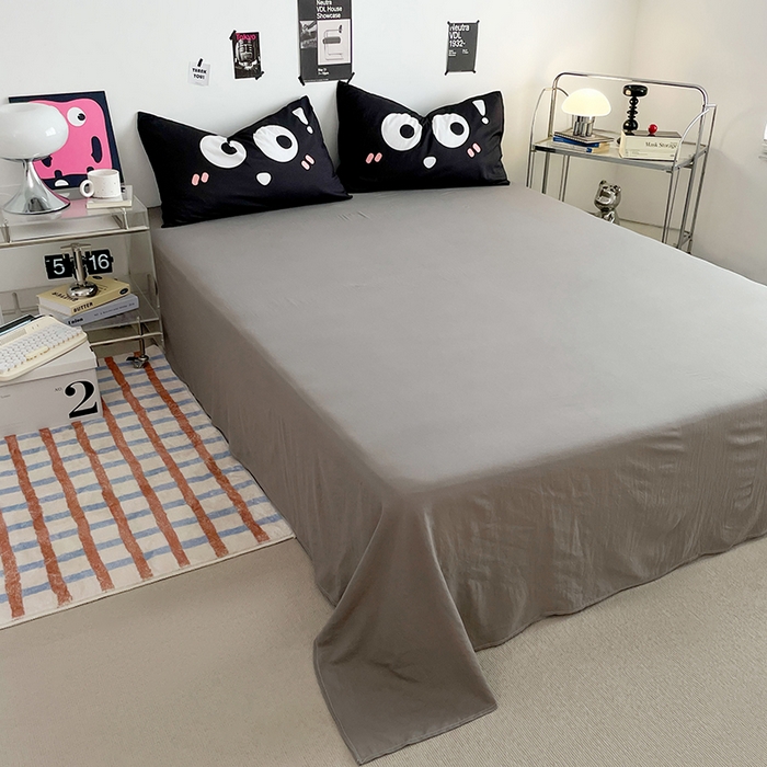 91家纺网 家纺一手货源 找家纺 优卡迪家纺馆 2025新款A类亲肤水洗棉大眼萌纯色混搭四件套 大眼萌-卡其灰