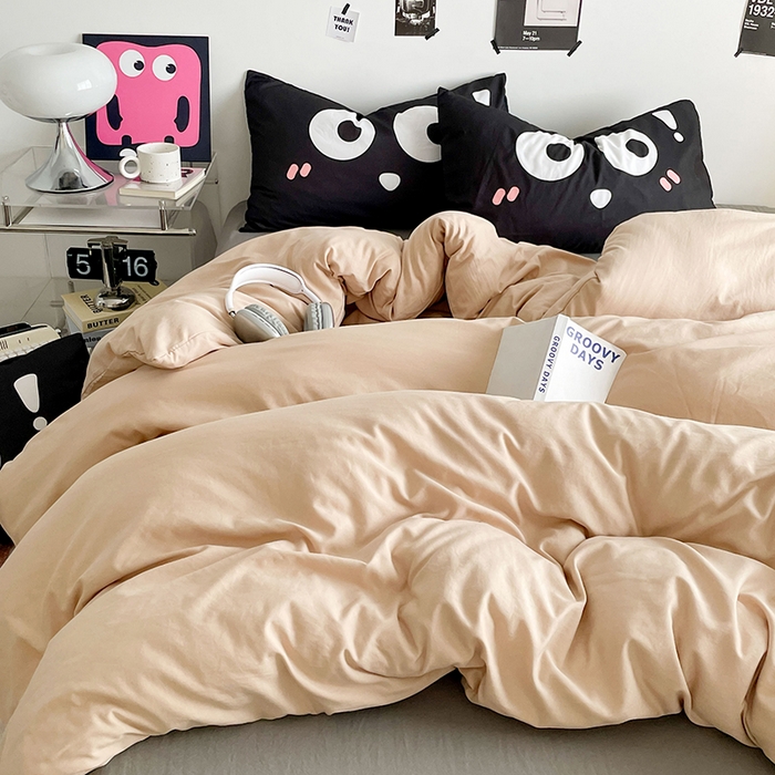 91家纺网 家纺一手货源 找家纺 优卡迪家纺馆 2025新款A类亲肤水洗棉大眼萌纯色混搭四件套 大眼萌-卡其灰