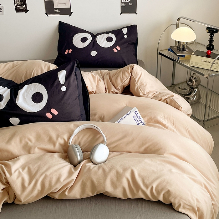 91家纺网 家纺一手货源 找家纺 优卡迪家纺馆 2025新款A类亲肤水洗棉大眼萌纯色混搭四件套 大眼萌-卡其灰