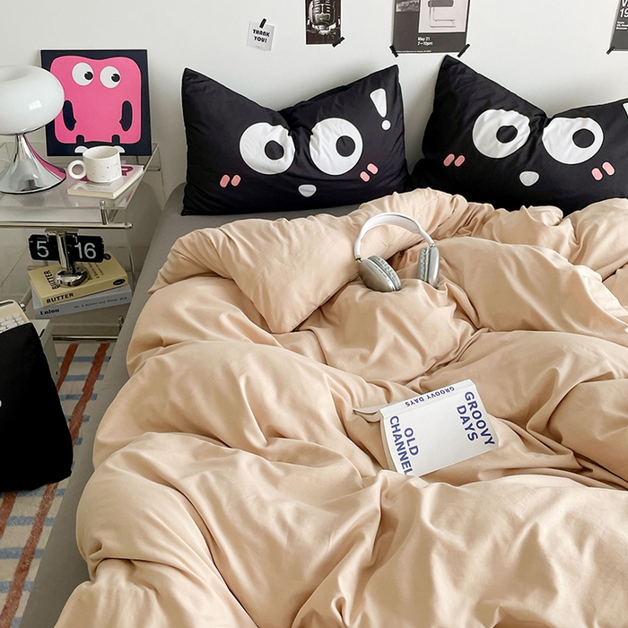 91家纺网 家纺一手货源 找家纺 优卡迪家纺馆 2025新款A类亲肤水洗棉大眼萌纯色混搭四件套 大眼萌-卡其灰