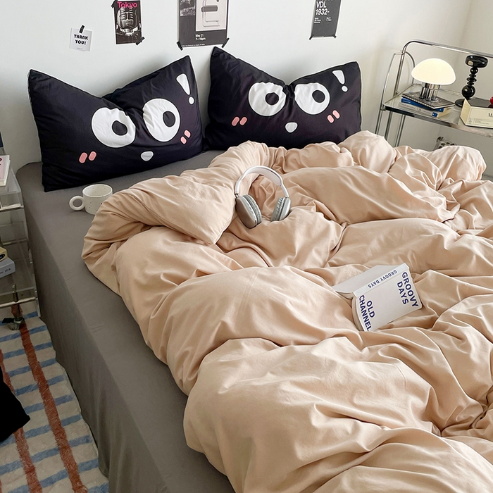 91家纺网 家纺一手货源 找家纺 优卡迪家纺馆 2025新款A类亲肤水洗棉大眼萌纯色混搭四件套 大眼萌-卡其灰