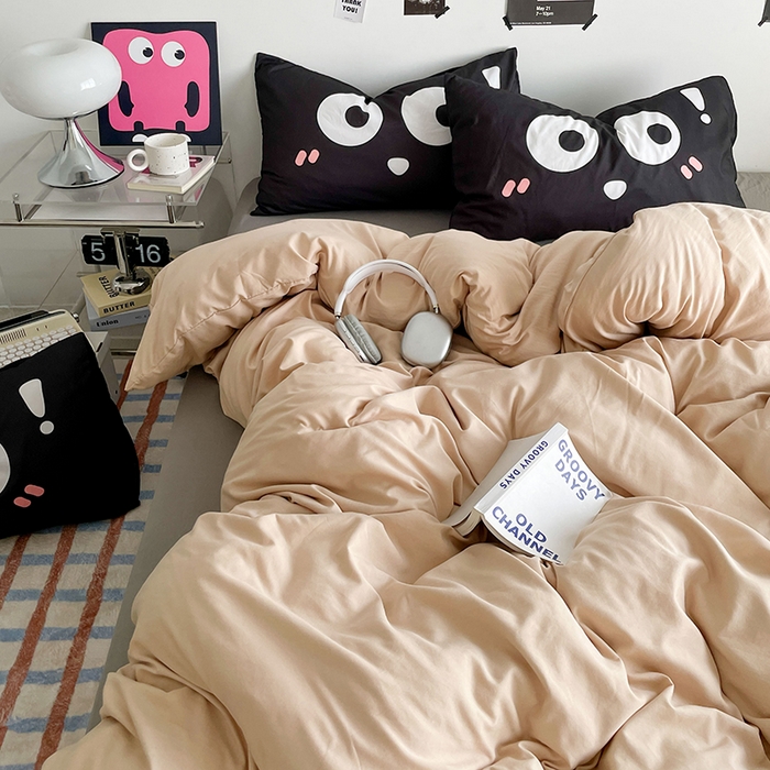 91家纺网 家纺一手货源 找家纺 优卡迪家纺馆 2025新款A类亲肤水洗棉大眼萌纯色混搭四件套 大眼萌-卡其灰