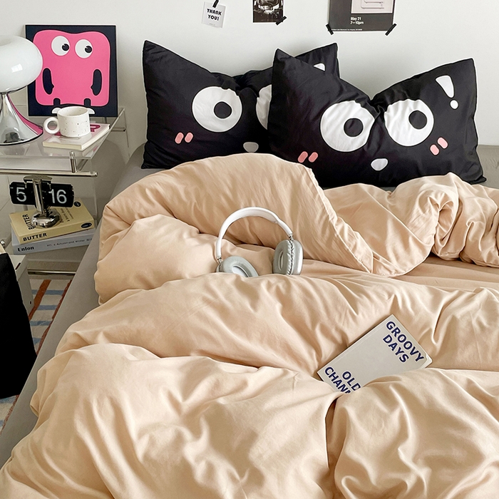 91家纺网 家纺一手货源 找家纺 优卡迪家纺馆 2025新款A类亲肤水洗棉大眼萌纯色混搭四件套 大眼萌-卡其灰