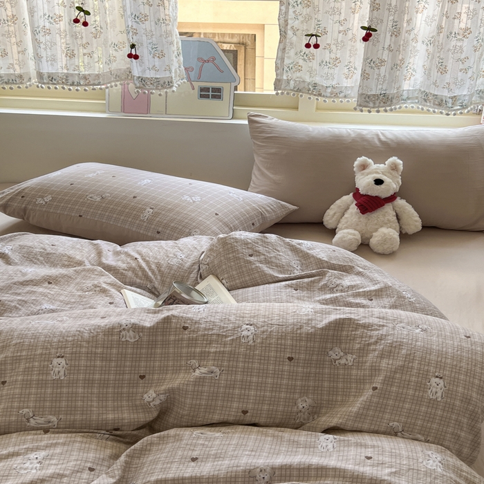 91家纺网 家纺一手货源 找家纺 希丞家居 2025新款ins小清新水洗优嘉棉四件套 萌犬日记