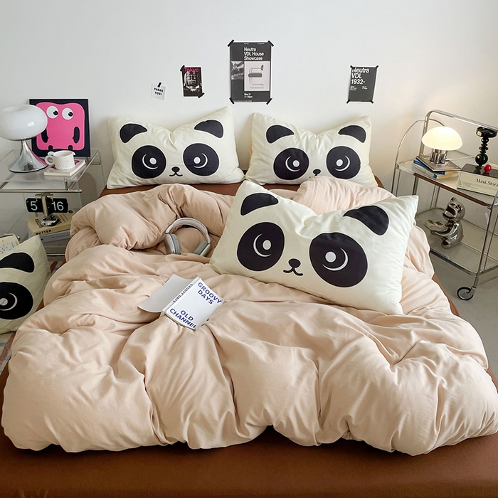 优卡迪家纺馆 2025新款A类亲肤水洗棉大眼萌纯色混搭四件套 大眼萌-卡其咖