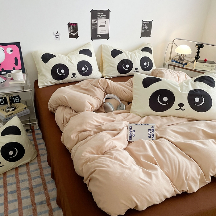 91家纺网 家纺一手货源 找家纺 优卡迪家纺馆 2025新款A类亲肤水洗棉大眼萌纯色混搭四件套 大眼萌-卡其咖