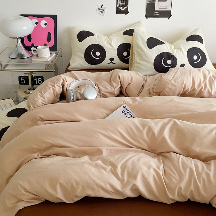 91家纺网 家纺一手货源 找家纺 优卡迪家纺馆 2025新款A类亲肤水洗棉大眼萌纯色混搭四件套 大眼萌-卡其咖