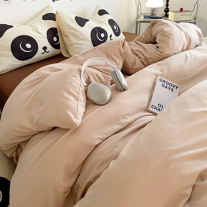 91家纺网 家纺一手货源 找家纺 优卡迪家纺馆 2025新款A类亲肤水洗棉大眼萌纯色混搭四件套 大眼萌-卡其咖