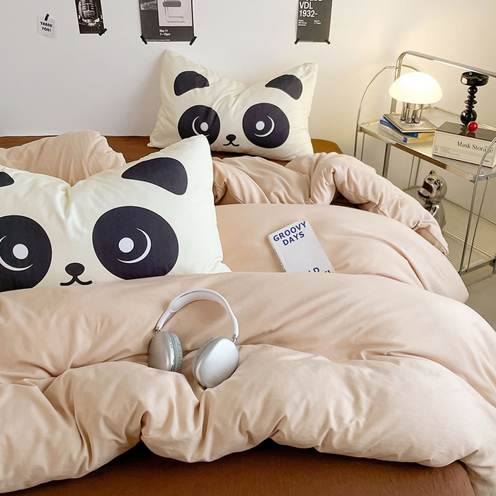 91家纺网 家纺一手货源 找家纺 优卡迪家纺馆 2025新款A类亲肤水洗棉大眼萌纯色混搭四件套 大眼萌-卡其咖