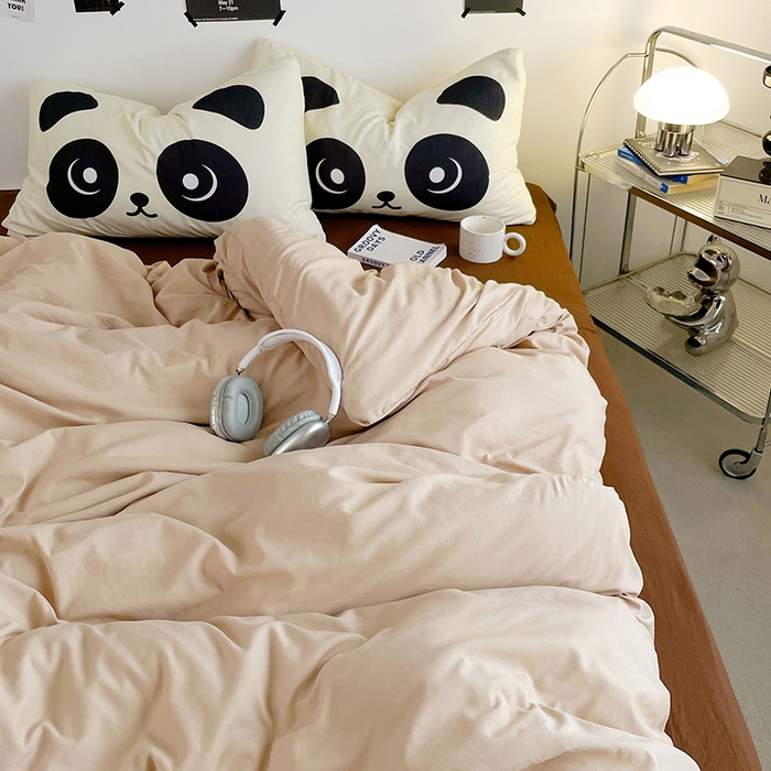 91家纺网 家纺一手货源 找家纺 优卡迪家纺馆 2025新款A类亲肤水洗棉大眼萌纯色混搭四件套 大眼萌-卡其咖