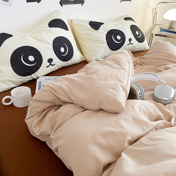 91家纺网 家纺一手货源 找家纺 优卡迪家纺馆 2025新款A类亲肤水洗棉大眼萌纯色混搭四件套 大眼萌-卡其咖