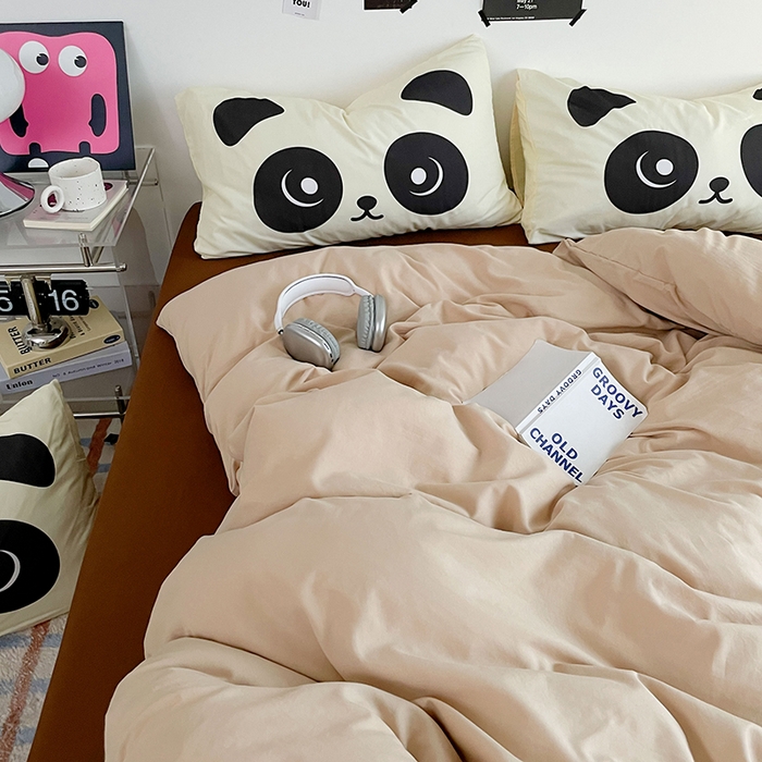 91家纺网 家纺一手货源 找家纺 优卡迪家纺馆 2025新款A类亲肤水洗棉大眼萌纯色混搭四件套 大眼萌-卡其咖