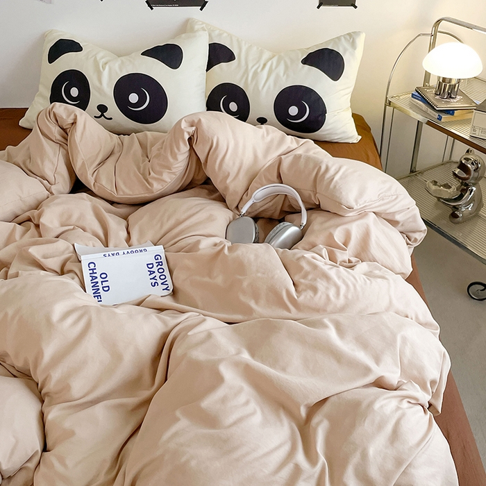 91家纺网 家纺一手货源 找家纺 优卡迪家纺馆 2025新款A类亲肤水洗棉大眼萌纯色混搭四件套 大眼萌-卡其咖