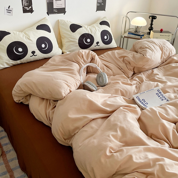 91家纺网 家纺一手货源 找家纺 优卡迪家纺馆 2025新款A类亲肤水洗棉大眼萌纯色混搭四件套 大眼萌-卡其咖