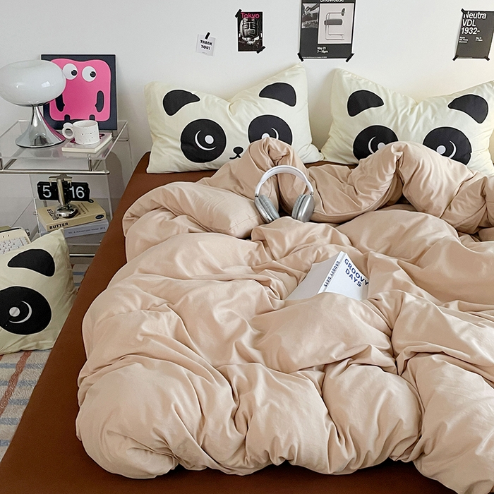 91家纺网 家纺一手货源 找家纺 优卡迪家纺馆 2025新款A类亲肤水洗棉大眼萌纯色混搭四件套 大眼萌-卡其咖