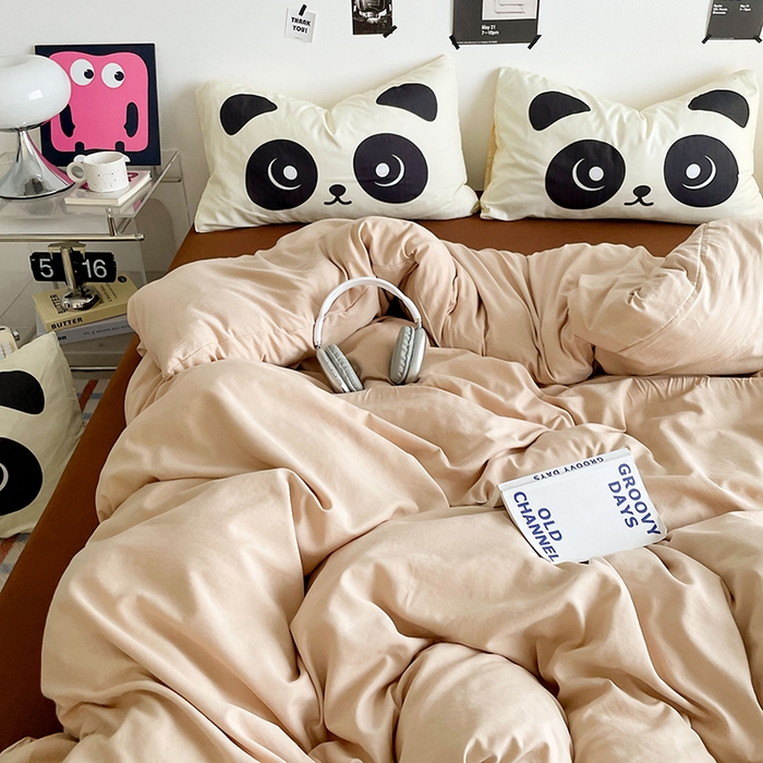 91家纺网 家纺一手货源 找家纺 优卡迪家纺馆 2025新款A类亲肤水洗棉大眼萌纯色混搭四件套 大眼萌-卡其咖