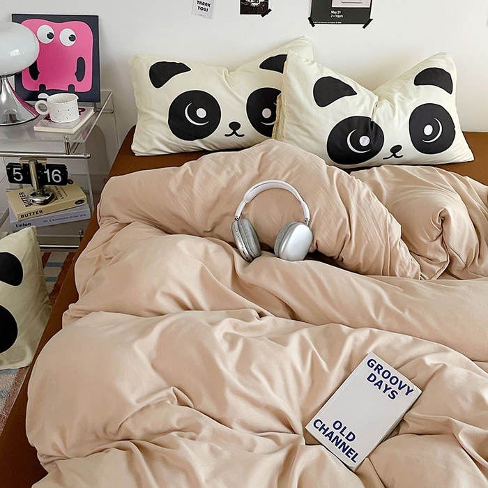 91家纺网 家纺一手货源 找家纺 优卡迪家纺馆 2025新款A类亲肤水洗棉大眼萌纯色混搭四件套 大眼萌-卡其咖