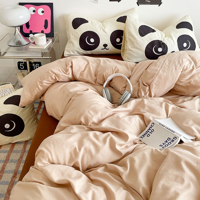 91家纺网 家纺一手货源 找家纺 优卡迪家纺馆 2025新款A类亲肤水洗棉大眼萌纯色混搭四件套 大眼萌-卡其咖