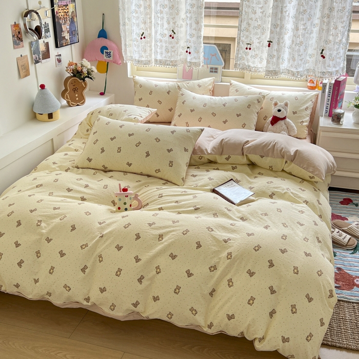 91家纺网 家纺一手货源 找家纺 希丞家居 2025新款ins小清新水洗优嘉棉四件套 星愿小熊