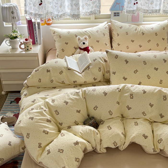 91家纺网 家纺一手货源 找家纺 希丞家居 2025新款ins小清新水洗优嘉棉四件套 星愿小熊