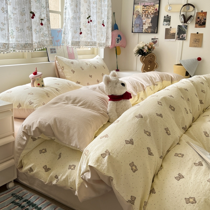 91家纺网 家纺一手货源 找家纺 希丞家居 2025新款ins小清新水洗优嘉棉四件套 星愿小熊