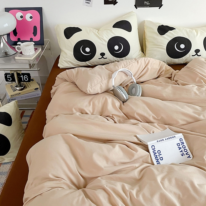 91家纺网 家纺一手货源 找家纺 优卡迪家纺馆 2025新款A类亲肤水洗棉大眼萌纯色混搭四件套 大眼萌-卡其咖