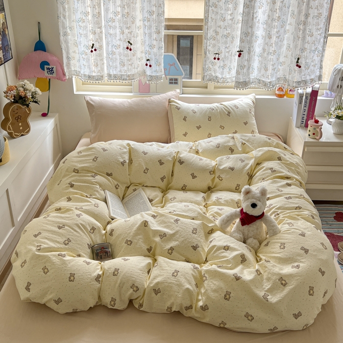 91家纺网 家纺一手货源 找家纺 希丞家居 2025新款ins小清新水洗优嘉棉四件套 星愿小熊