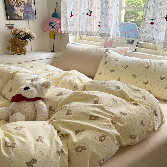 91家纺网 家纺一手货源 找家纺 希丞家居 2025新款ins小清新水洗优嘉棉四件套 星愿小熊