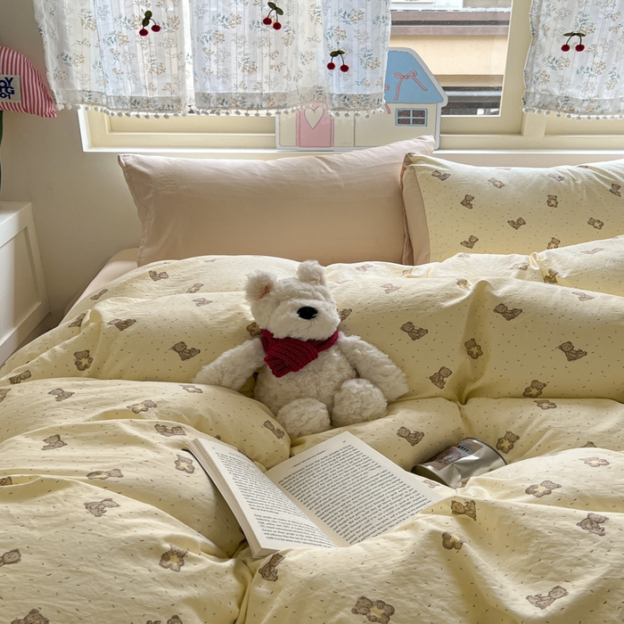 91家纺网 家纺一手货源 找家纺 希丞家居 2025新款ins小清新水洗优嘉棉四件套 星愿小熊