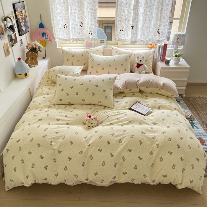 91家纺网 家纺一手货源 找家纺 希丞家居 2025新款ins小清新水洗优嘉棉四件套 星愿小熊